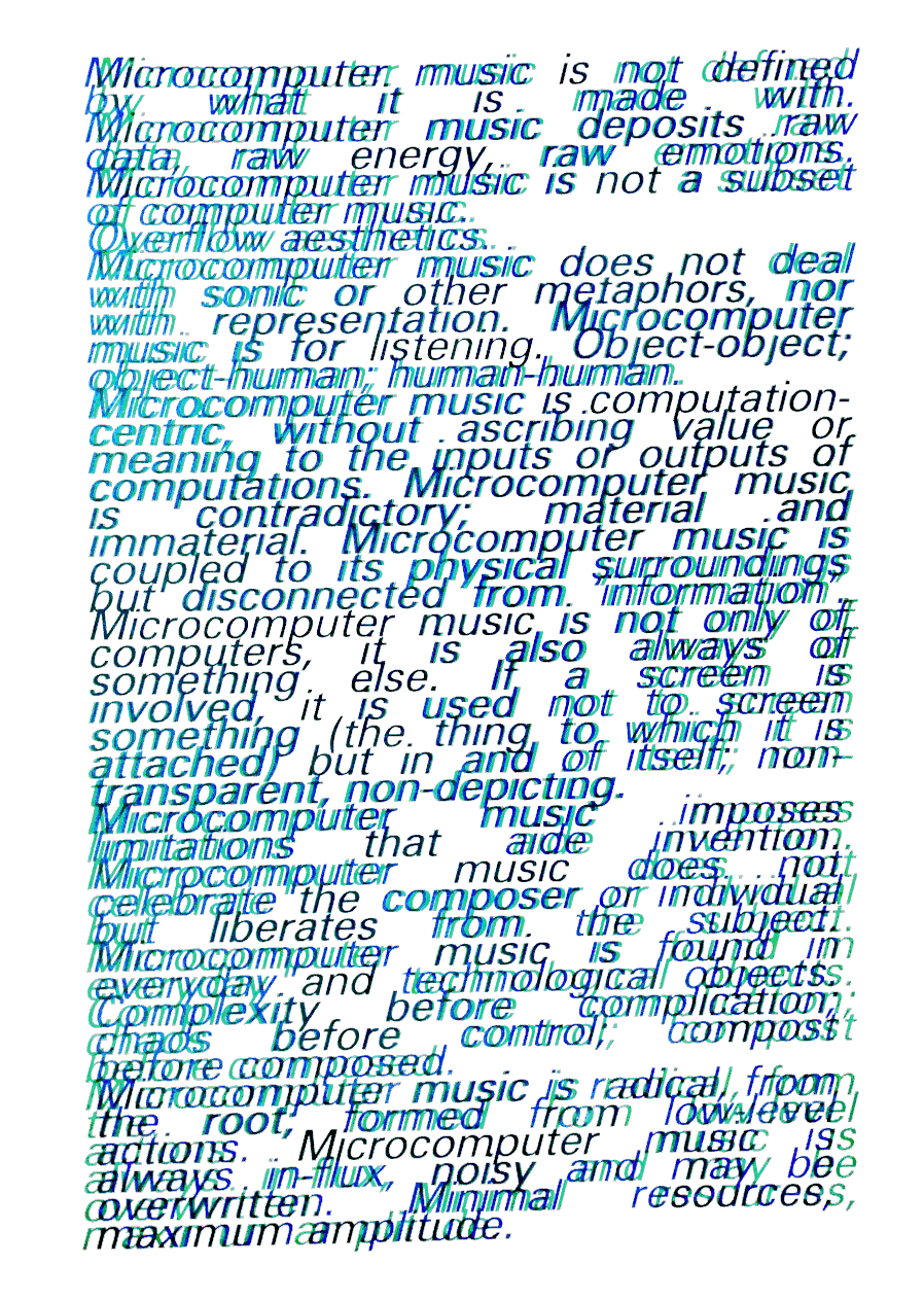 Microcomputer music poster. The text is printed twice, in green and blue, with overlapping angular paragraphs